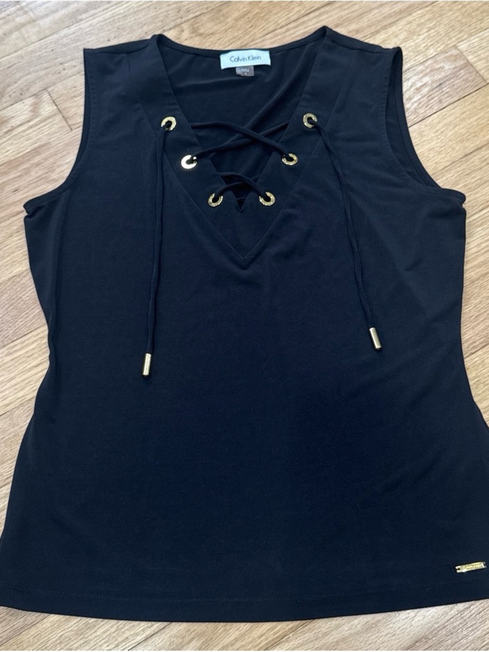 Calvin Klein Black Lace-Up V-Neck Tank with Gold Accents